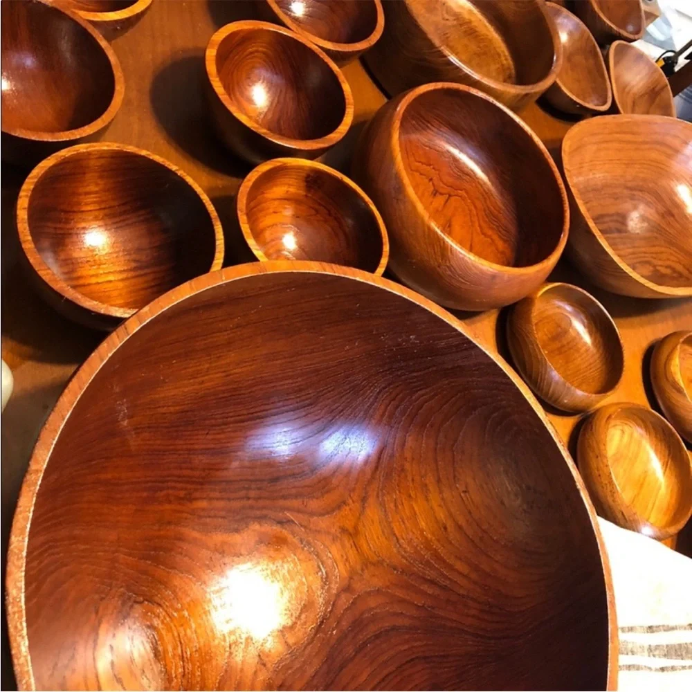 set of vintage handmade teak wood 8 salad bowls